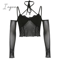 Ingvn - Hot Sell Slash Neck Sexy Black Mesh T - Shirts Women Lace Patchwork Rave Goth Clubwear
