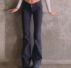 Ingvn - Indie Aesthetics Slim Low Waist Flare Pants E - Girl Vintage Pockets Solid Y2K Autumn 90S