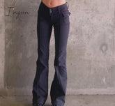 Ingvn - Indie Aesthetics Slim Low Waist Flare Pants E - Girl Vintage Pockets Solid Y2K Autumn 90S