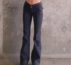 Ingvn - Indie Aesthetics Slim Low Waist Flare Pants E - Girl Vintage Pockets Solid Y2K Autumn 90S
