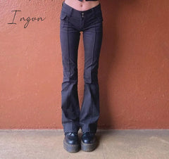 Ingvn - Indie Aesthetics Slim Low Waist Flare Pants E - Girl Vintage Pockets Solid Y2K Autumn 90S