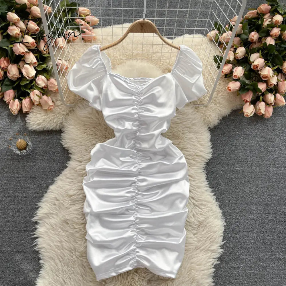 Ingvn - Ins Fashion Sexy Mini Bandage Dress Women Summer Slim Ruched Club Sheath Off Shoulder Pink