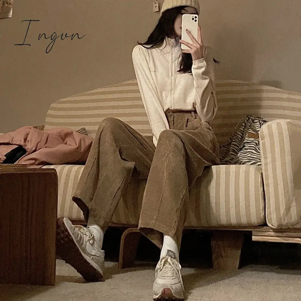 Ingvn - Ins Popular Corduroy Casual Pants Women Solid Tender Retro Wide Leg Trousers High Waist