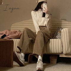 Ingvn - Ins Popular Corduroy Casual Pants Women Solid Tender Retro Wide Leg Trousers High Waist