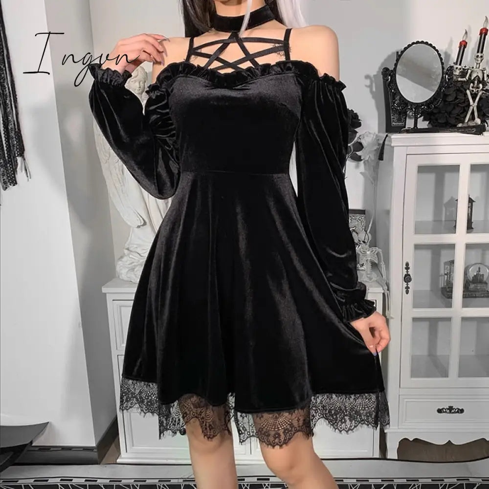 Ingvn - Insgoth Gothic Black Sexy Pentagram Halter Dress Aesthetic Punk High Waist Off Shoulder