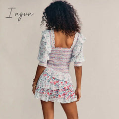 Ingvn - Inspired Mixed Floral Prints Ruffled Party Dress Puff Sleeve Square Neck Smocked Sexy