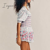 Ingvn - Inspired Mixed Floral Prints Ruffled Party Dress Puff Sleeve Square Neck Smocked Sexy