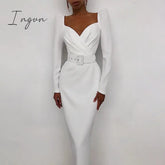 Ingvn - Instahot Elegant Party Women Dress Slim V Neck Long Sleeve Mid Calf Pencil Casual Office