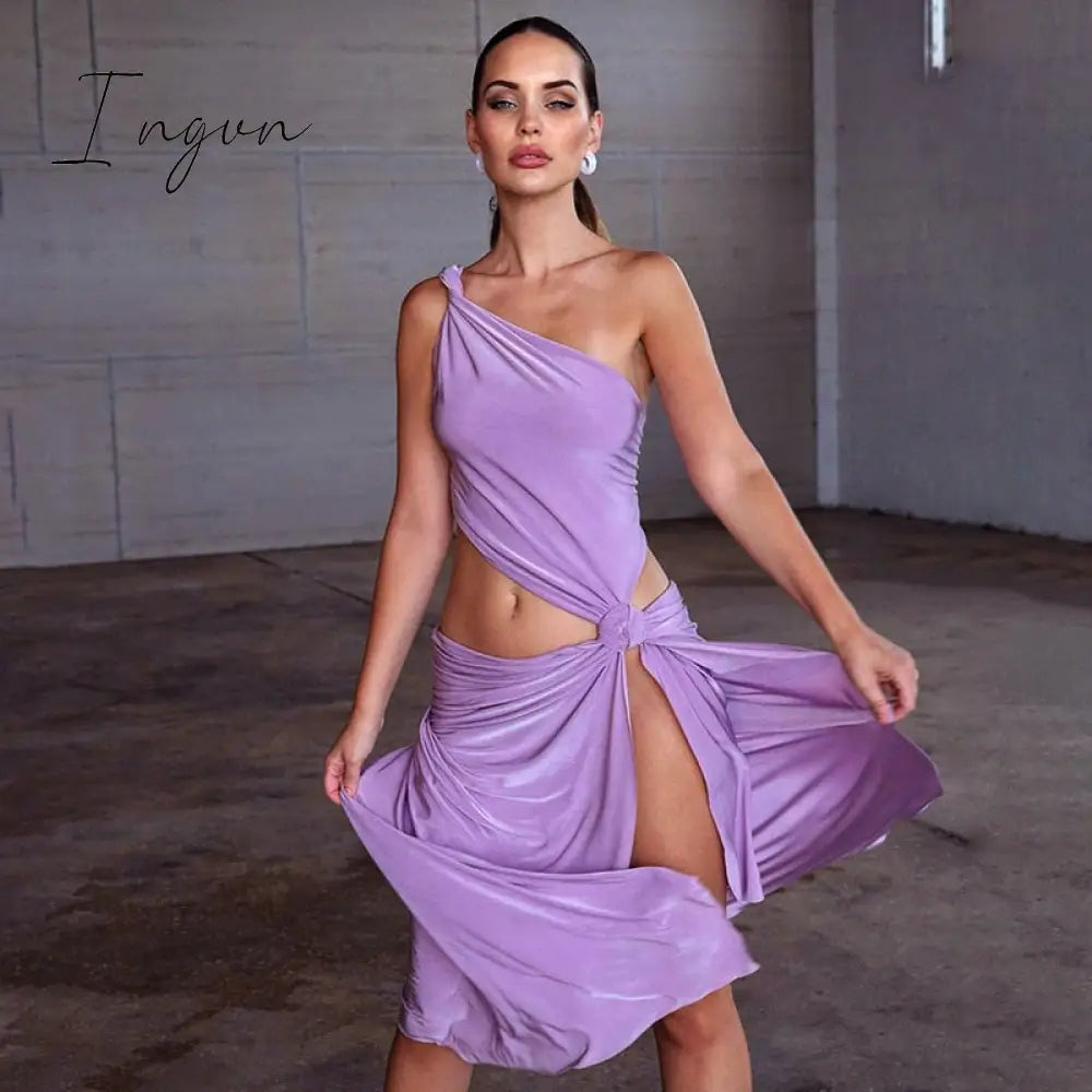 Ingvn - Irregular Sexy Cut Out High Rise Slit Dress Party Club Elegant Twist Knot Sleeveles