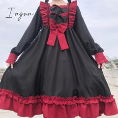 Ingvn - Japanese Harajuku Gothic Bandage Bow Splice Dress Sweet Lolita Girl Cosplay Kawaii Ruffles