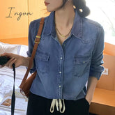 Ingvn - Jeans Shirt For Women Spring 2023 New Long Sleeve Turn Down Collar Oversized Blouses Korean