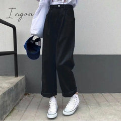 Ingvn - Jeans Women Solid Vintage High Waist Wide Leg Denim Trousers Simple Students All - Match