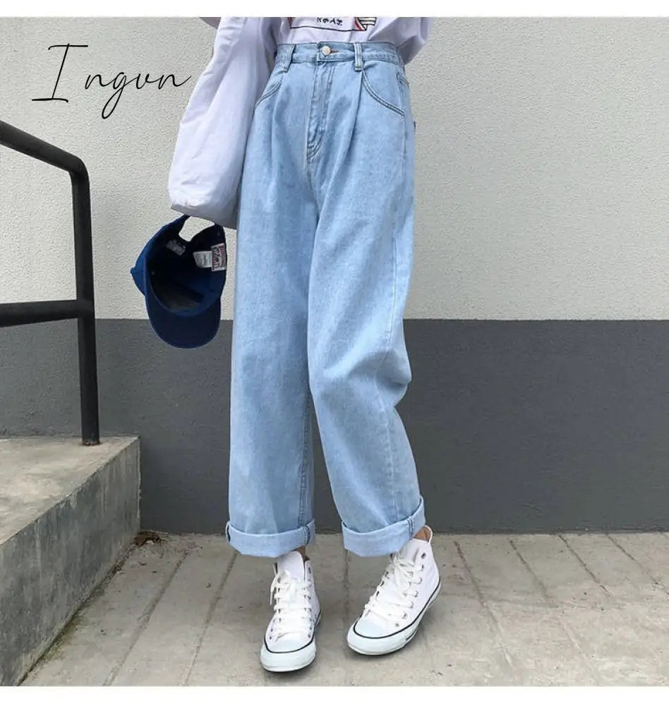 Ingvn - Jeans Women Solid Vintage High Waist Wide Leg Denim Trousers Simple Students All - Match
