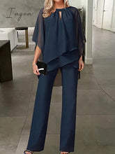 Ingvn - Jumpsuits for Women Summer Dressy Solid Color Round Neck Elegant Daily Vacation Straight Regular Fit Half Sleeve Navy Blue 3XL Spring Fall