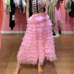Ingvn - Jupe Femme Spring Party Skirt Elastic High Waist Long Tulle Women Multilayer Ruffles Pink