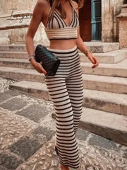 Ingvn - Knitted Two Piece Set Long Sleeve Crop Top Beach Sexy And Bodycon Trousers Summer Women