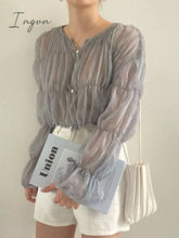 Ingvn - Korean Fashion Pleated Casual Blouse Women Summer New Loose Folds Perspective Chiffon Shirt