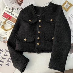 Ingvn - Korean Fashion Tassel Tweed Coat Women Spring Fall V-Neck Vintage Jacket 2023 French Style