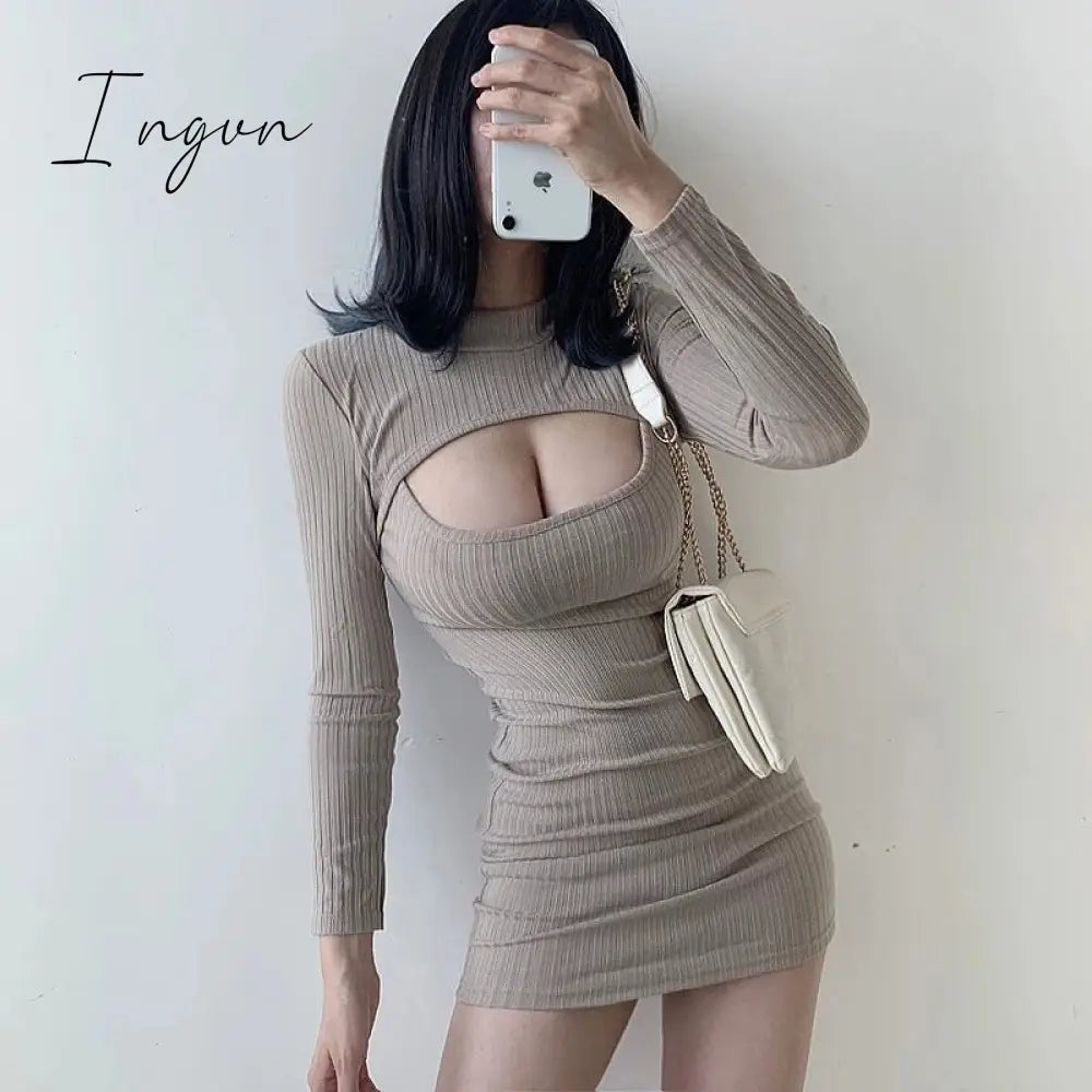 Ingvn - Korean Hollow Chest Long Sleeve Slim Solid Color Spring Ladies Clothing Hot Girl Sexy Mini