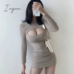 Ingvn - Korean Hollow Chest Long Sleeve Slim Solid Color Spring Ladies Clothing Hot Girl Sexy Mini