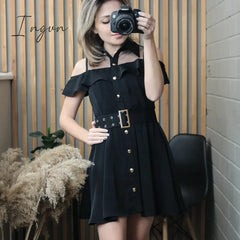 Ingvn - Korean Ol New Single Breasted Women Summer Dress Sweet Chic Black Office Work Short Mini