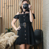 Ingvn - Korean Ol New Single Breasted Women Summer Dress Sweet Chic Black Office Work Short Mini