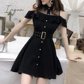 Ingvn - Korean Ol New Single Breasted Women Summer Dress Sweet Chic Black Office Work Short Mini