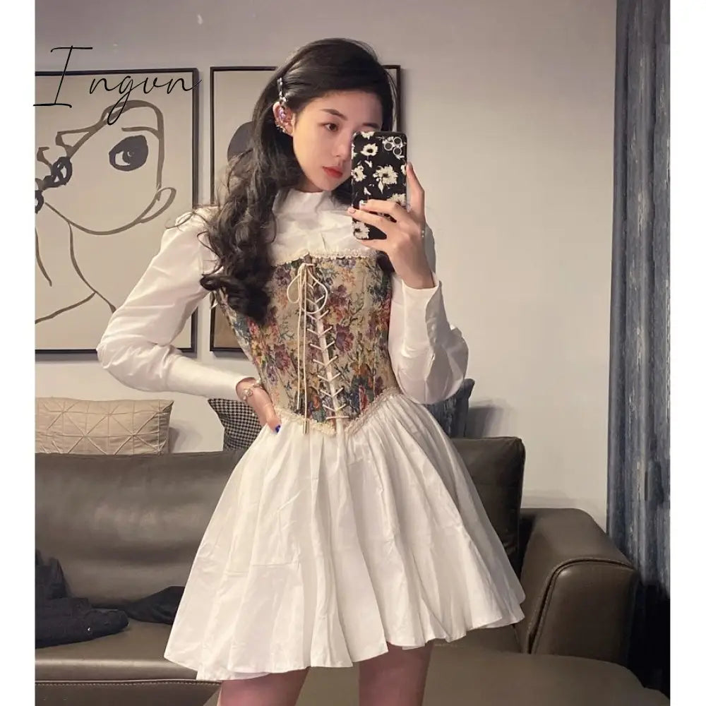 Ingvn - Korean Vintage Kawali Dress Women Elegant Casual Summer Print Floral Mini Female Pretty