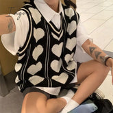 Ingvn - Korean Vintage Sweater Loose V-Neck Knit Pullover Vest Y2K Oversized Tank Top Love Print