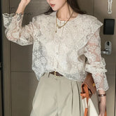 Ingvn - Lace Shirt For Women 2023 Ruffles Long Sleeve Peter Pan Collar Elegant Oversized Blouses