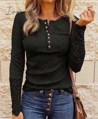 Ingvn - Lace Splicing Top Long Sleeve T Shirt Woman Button Slim Tops Tee Autumn Spring Patchwork T