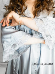 Ingvn - Lace Trim Sexy Wedding Lady Robe Suit Loose Satin Bride Bridesmaid Kimono Bathrobe Gown