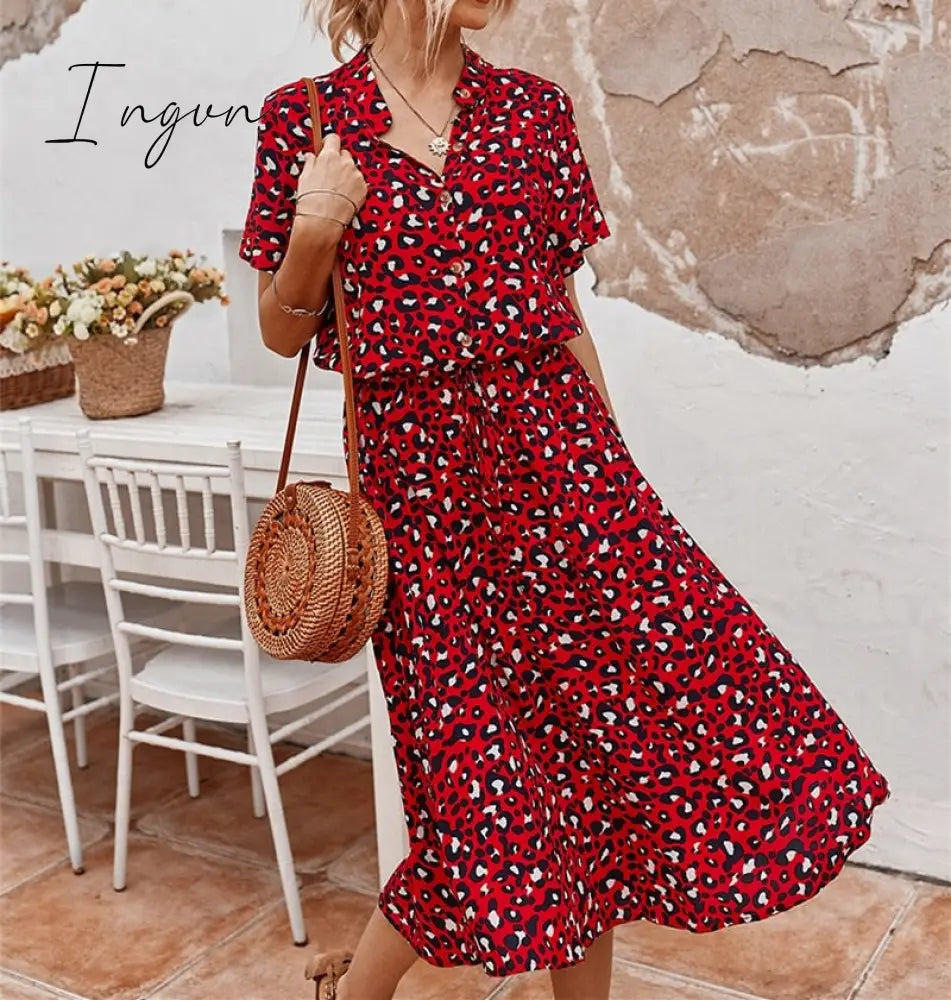 Ingvn - Ladies Bohemian Leopard Print Shirt Dress Women Casual Midi Holiday Summer Female A-Line