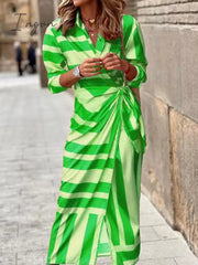 Ingvn - Ladies Elegant V-Neck Tie Waist Print Dress