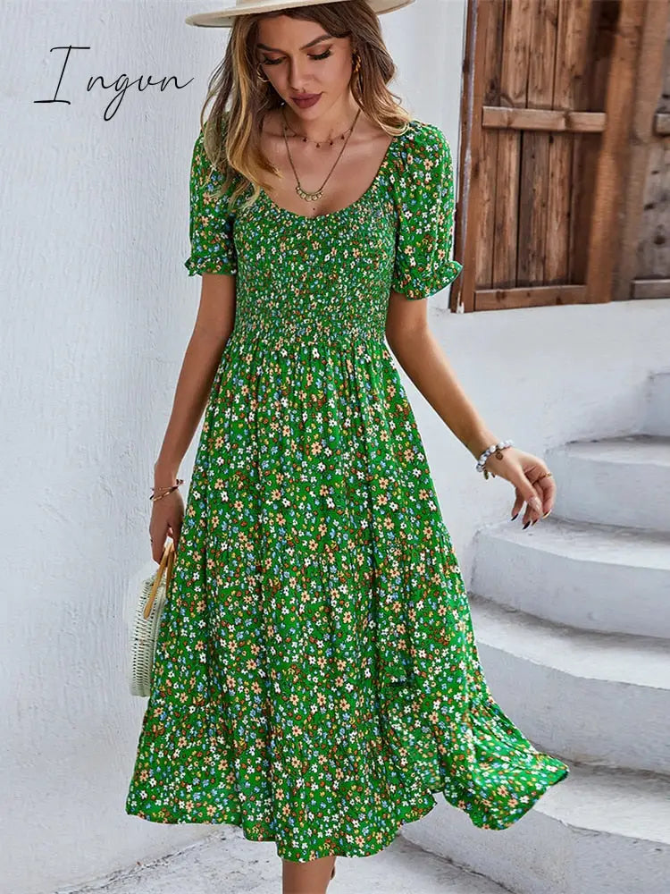 Ingvn - Ladies Sexy Vintage Floral Print Boho Summer Dress Women Casual Elastic Bohemian Beach