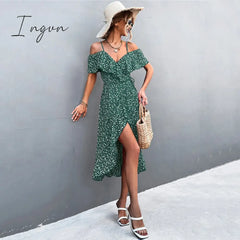 Ingvn - Ladies Spring Summer Sexy Straps Dress Women Green Off Shoulder Ruffles Casual Beach