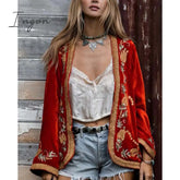 Ingvn - Ladies Velvet Print Cardigan Red Coat Long Sleeve Palace Style Fashion Vintage Fall Casual