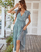 Ingvn - Ladies Vintage Print Chiffon Dress Women Casual Ruffles Long Bohemian Party Beach Summer
