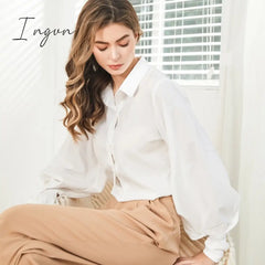 Ingvn - Lantern Sleeves Vintage Shirts Women Elegant White Womens Blouse With Lush Fashion Button