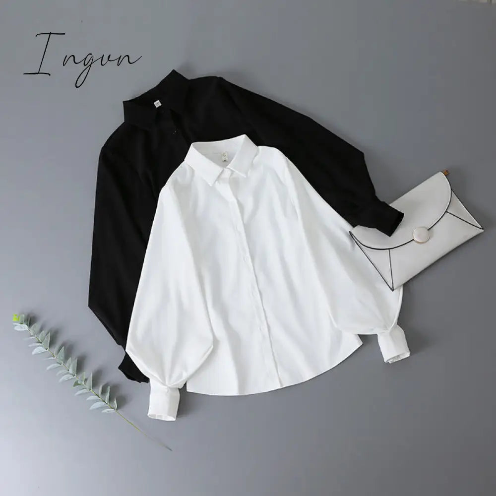 Ingvn - Lantern Sleeves Vintage Shirts Women Elegant White Womens Blouse With Lush Fashion Button