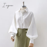 Ingvn - Lantern Sleeves Vintage Shirts Women Elegant White Womens Blouse With Lush Fashion Button