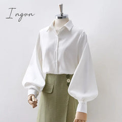 Ingvn - Lantern Sleeves Vintage Shirts Women Elegant White Womens Blouse With Lush Fashion Button