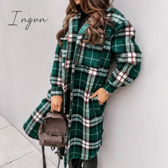 Ingvn - Lapel Single-Breasted Double-Pocket Plaid Coat