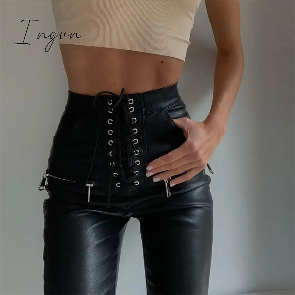 Ingvn - Leather Pant Faux Pu Pencil Lace Up High Waist Bandage Slim Skinny Zipper Streetwear Autumn