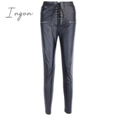 Ingvn - Leather Pant Faux Pu Pencil Lace Up High Waist Bandage Slim Skinny Zipper Streetwear Autumn