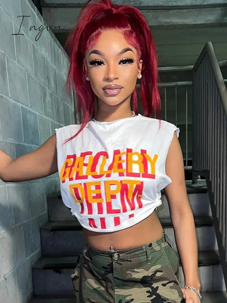 Ingvn - Letter Print White Y2K Crop Tops Women Sexy Hollow Out Sleeveless O Neck Tank Top Summer