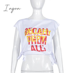 Ingvn - Letter Print White Y2K Crop Tops Women Sexy Hollow Out Sleeveless O Neck Tank Top Summer