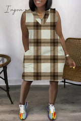 Ingvn - Light Coffee Casual Print Patchwork V Neck Sleeveless Dress Dresses Dresses Midi