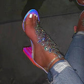 Ingvn - Line-Style Buckle Open Toe Chunky Covering Casual Rhinestone Heels Photo Color / 5 Heels