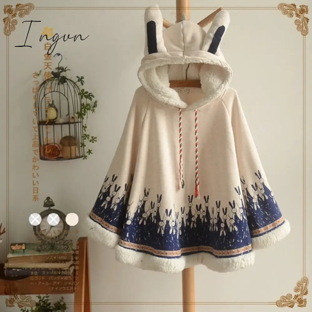 Ingvn - Lolita Cloak Harajuku Hoody Japanese Angry Cat Christmas Deer Fleece Cape Loose Pullover